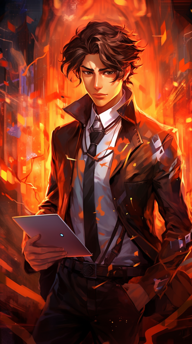 Artwork featuring a secret agent with advanced equipment in anime style; complex designs and patterns on gadgets. phone art wallpaper