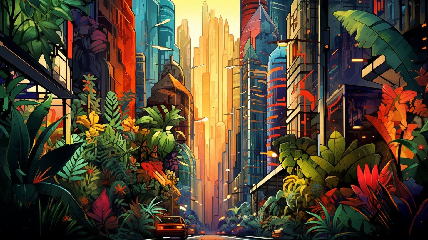 Skylines transformed into a jungle with graffiti art; rich detailing with vibrant lines.desktop, phone, HD & HQ free wallpaper, free to download