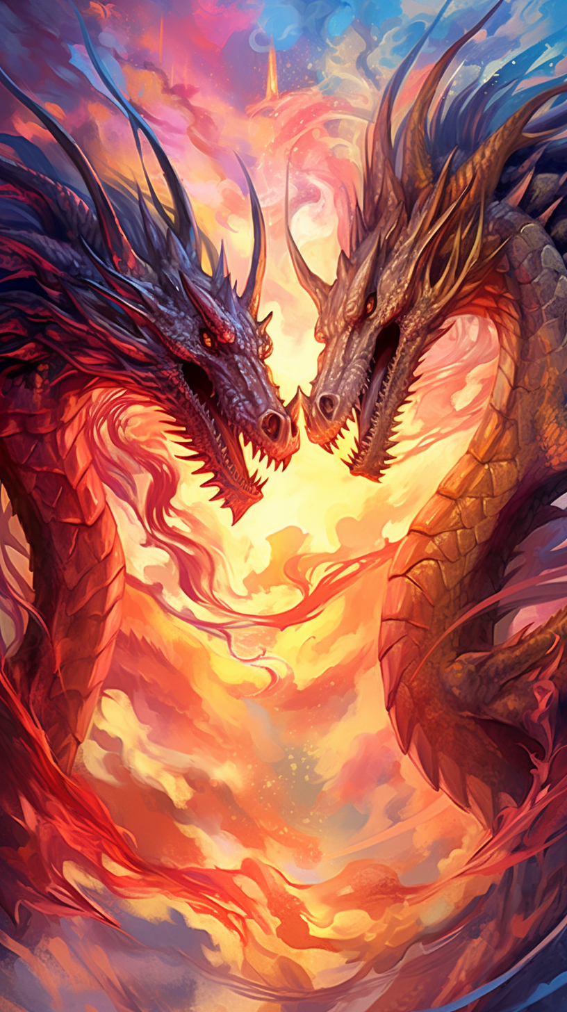 Fierce dragon battle high in the sky amidst fiery storm clouds; intricate detail in the dragon's scales and feathers. phone art wallpaper